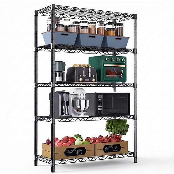 TA 5 Shelf Multipurpose Storage Rack for Kitchen, Home & Office | Heavy Duty Steel Storage Rack | 300KG Load Capacity | Height Adjustable Metal Shelf Organizer | Utility Rack 75x35x155 CM Black