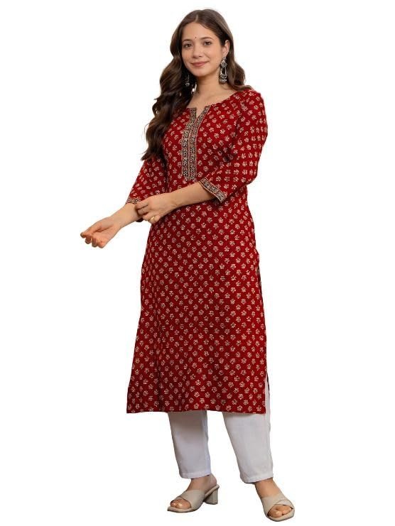 TA Rayon Long Kurti for Women | Floral Printed Boat Neck Long Kurti | Casual Everyday Wear 3/4th Sleeve Ethnic Top | Office or Collage Wear Maroon Kurti