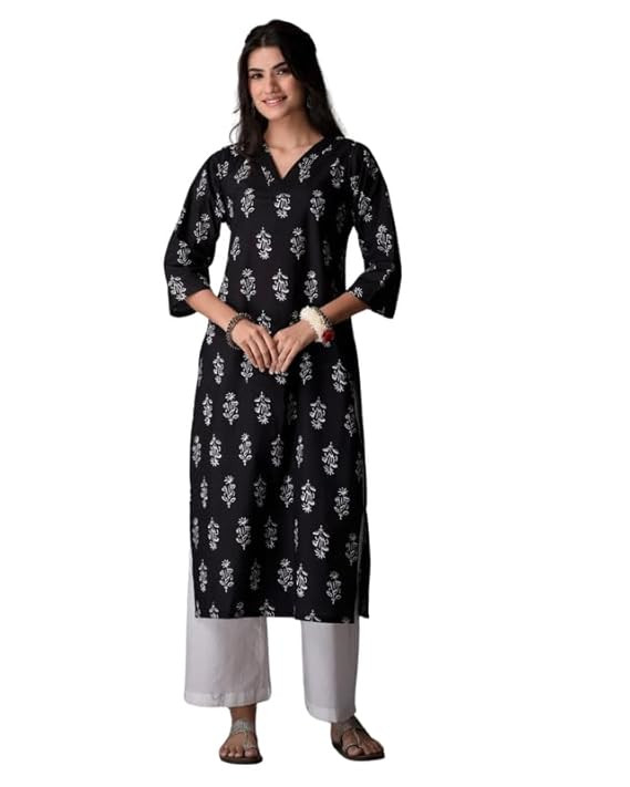 TA Floral Print Rayon Long Kurta for Women | Regular Fit Long Kurti | Stylish Long Kurta for Girls | Kurti for Office | Kurti for Women |Black
