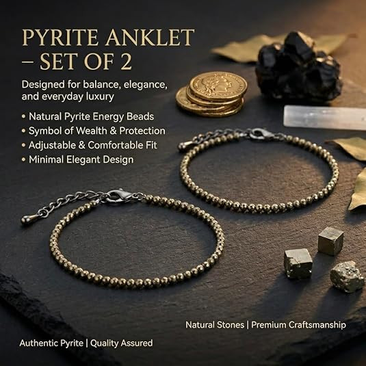 TA Natural Raw Pyrite Anklet for Women & Girls | Adjustable Crystal Payal with Golden Metallic Beads | Handcrafted Stone Anklet for Wealth, Confidence & Gifting | Lab Tested Authentic Jewelry