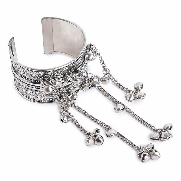 TA  1 PC German Silver Oxidised Cuff Tribal Tassel Gungroo Kada- Traditional Antique Designer Kada Ghungru Bangle Bracelet for Women & Girls