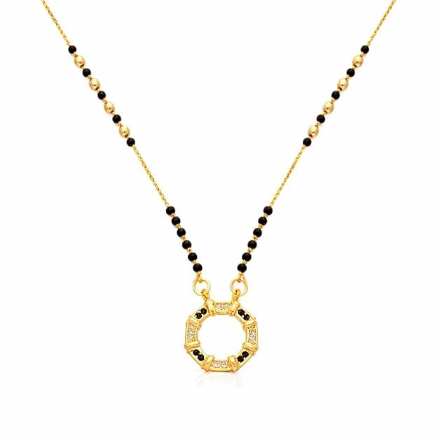 TA  Gold Plated Mangalsutra Necklace for Women with Black Beads & CZ Studded Circular Pendant, Stylish Short Mangalsutra Chain Daily Wear Jewellery Gift for Wife