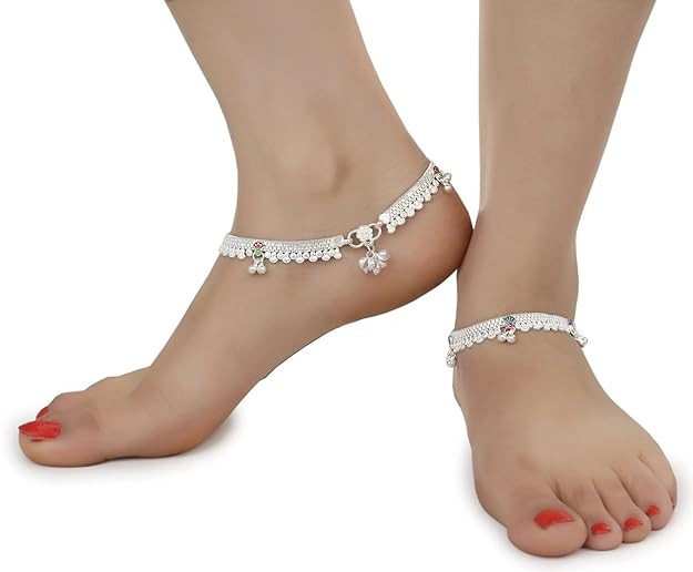 TA Indian Traditional Ethnic Fancy Foot Jewellery Silver Plated Painjan Payal Anklets Pair for Women & Girls