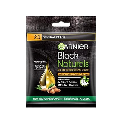 TA Garnier, Hair Colouring Crème, 100% Grey Coverage, Softening and Increased Shine, Black Naturals, 2.0 Original Black, 20g + 20ml
