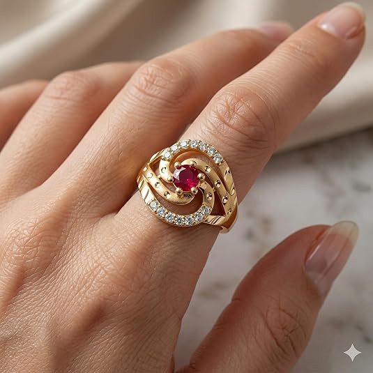 TA Plated Floral Swirl Ring with Ruby Red Centre Stone and American Diamond Accents, Daily Use