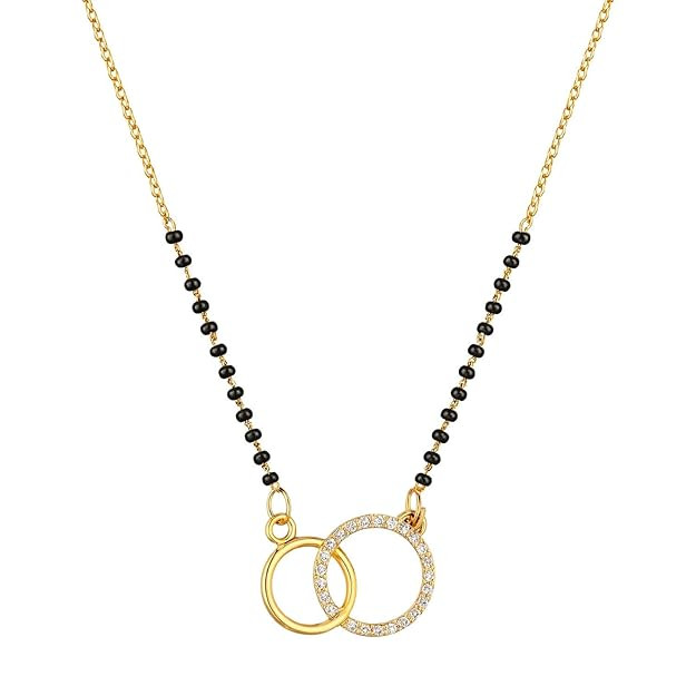 TA  Gold Plated Double Circle Ring Short Mangalsutra Crystal CZ Pendant Single Line Black Beads Chain Bridal Lightweight Jewelry For Women