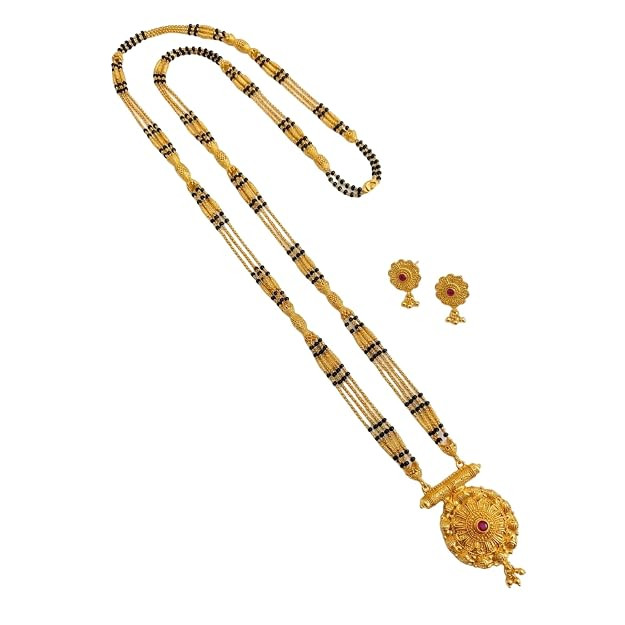 TA  Mangalsutra with Keri Pendant Design | Chapta Damru Style | Traditional Maharashtrian Jewelry | Copper Gold Tone | Free Size | Includes Earrings