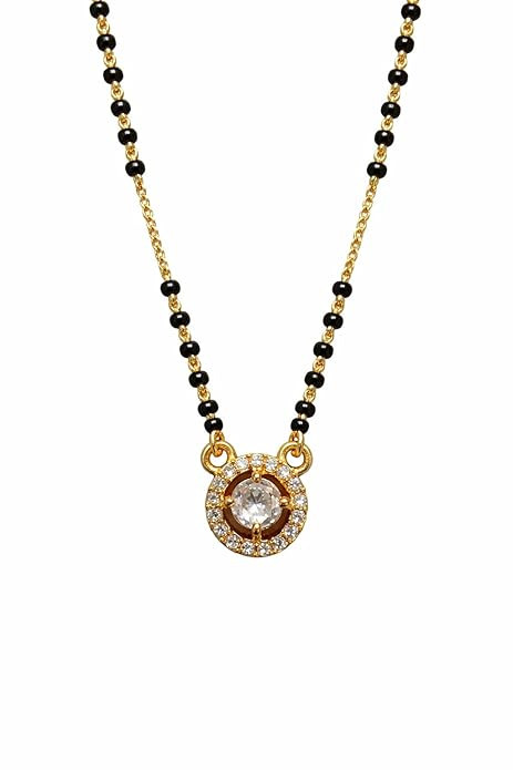 TA  Gold Plated Mangalsutra Necklace with Black Beads, American Diamond Pendant, Traditional Ethnic Style, 21cm Chain Length