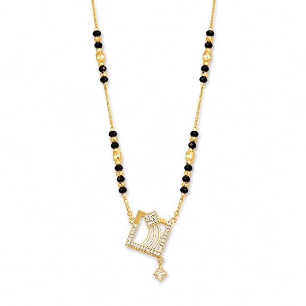 TA  Modern Geometric Square Gold Plated Mangalsutra in Yellow Gold with Diamond Accents and Traditional Black Beads for Women