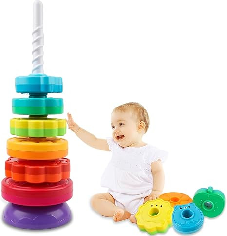 TA Baby Spinning Stacking Toys for Toddlers 1-3, Rainbow Ring Stacker Toys for Babies, 1 2 3 One Year Old Girl Boy Christmas Birthday Gifts, Autism Sensory Learning Toy