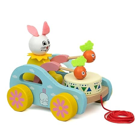 TA Little Mind KNK Montessori Wooden Baby Toy – Musical Bunny Drummer Push & Pull Walker | Educational Early Learning Toy for Toddlers | Multicolor Pull-Along Car for Babies | Newborn Gift – 11x13x11 cm