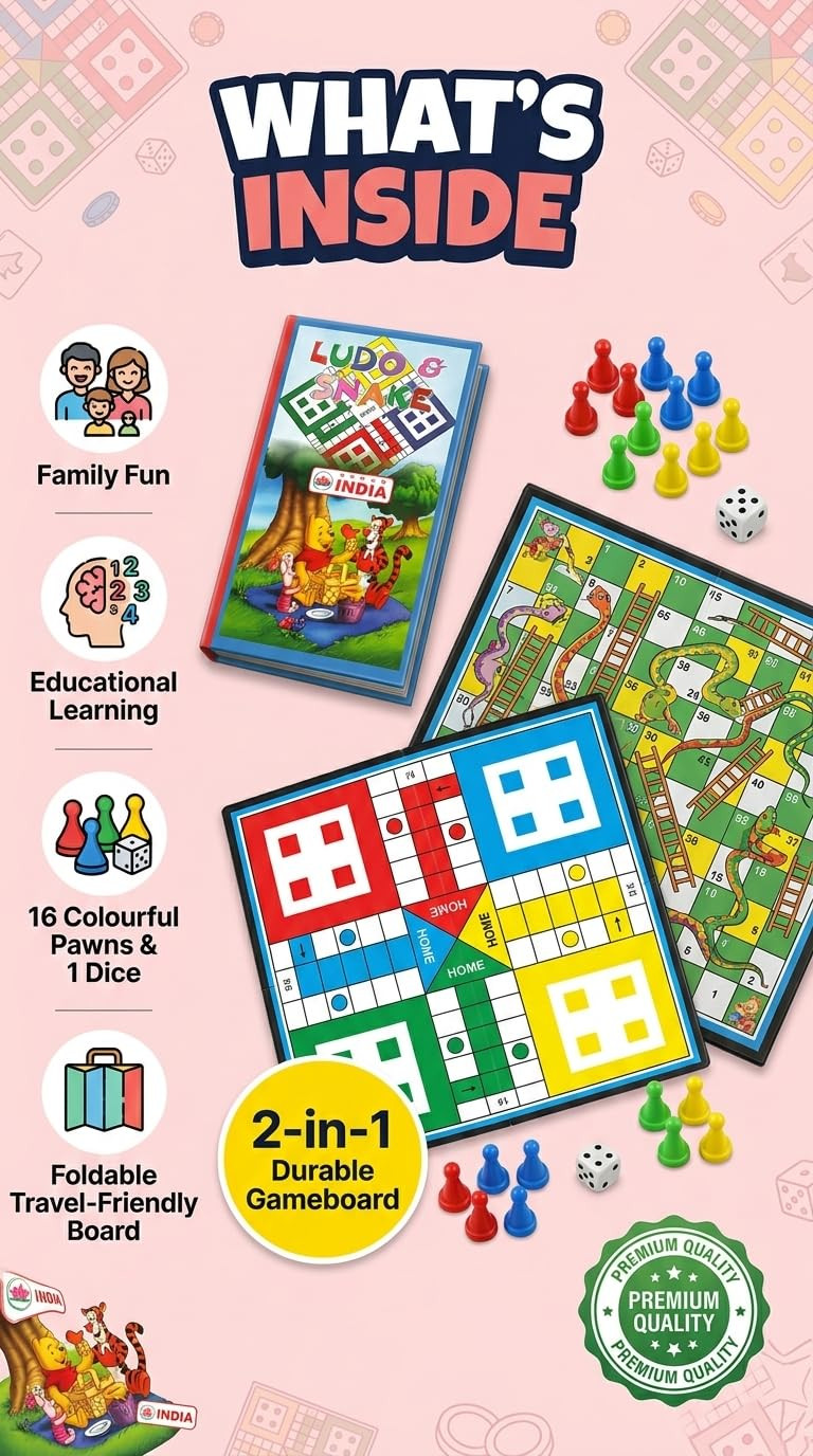 TA Ludo & Snake and Ladder 2-in-1 Foldable Board Game (2 Gote Box for Free) 2 Gote Box Free