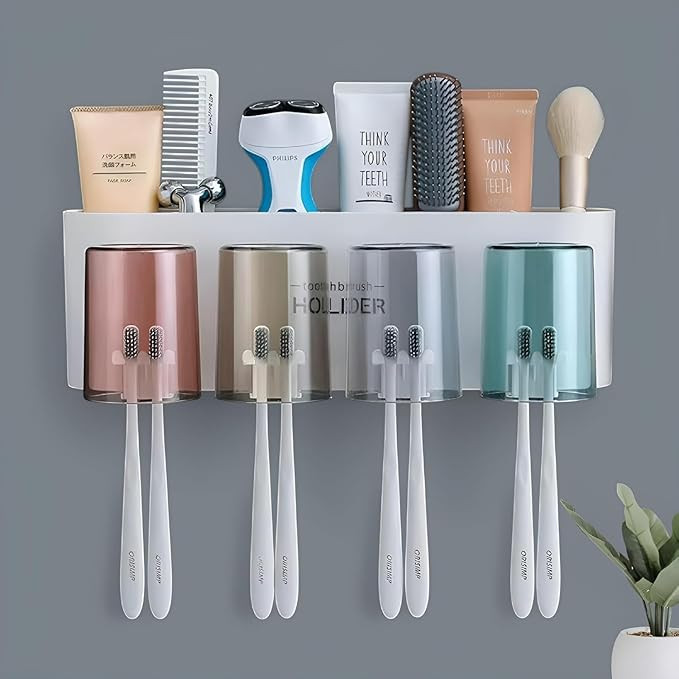 TA  Wall Mounted Tooth Brush Holder for Bathroom with 4 Mouthwash Cups | Bathroom Toothbrush Organizer | Multi-Compartment, Dustproof & BPA-Free Brush Holder for Bathroom Storage