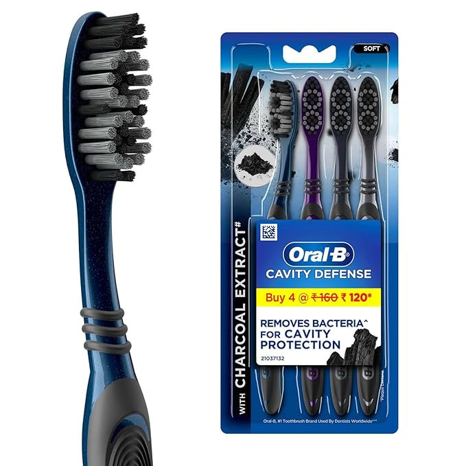 TA  Oral-B Cavity Defense Soft Toothbrush For Adults, Charcoal Extract Soft Bristles, Removes Bacteria For Cavity Protection, Multicolour Toothbrush Set, Oral B Dentist Recommended Brand (Pack of 4)