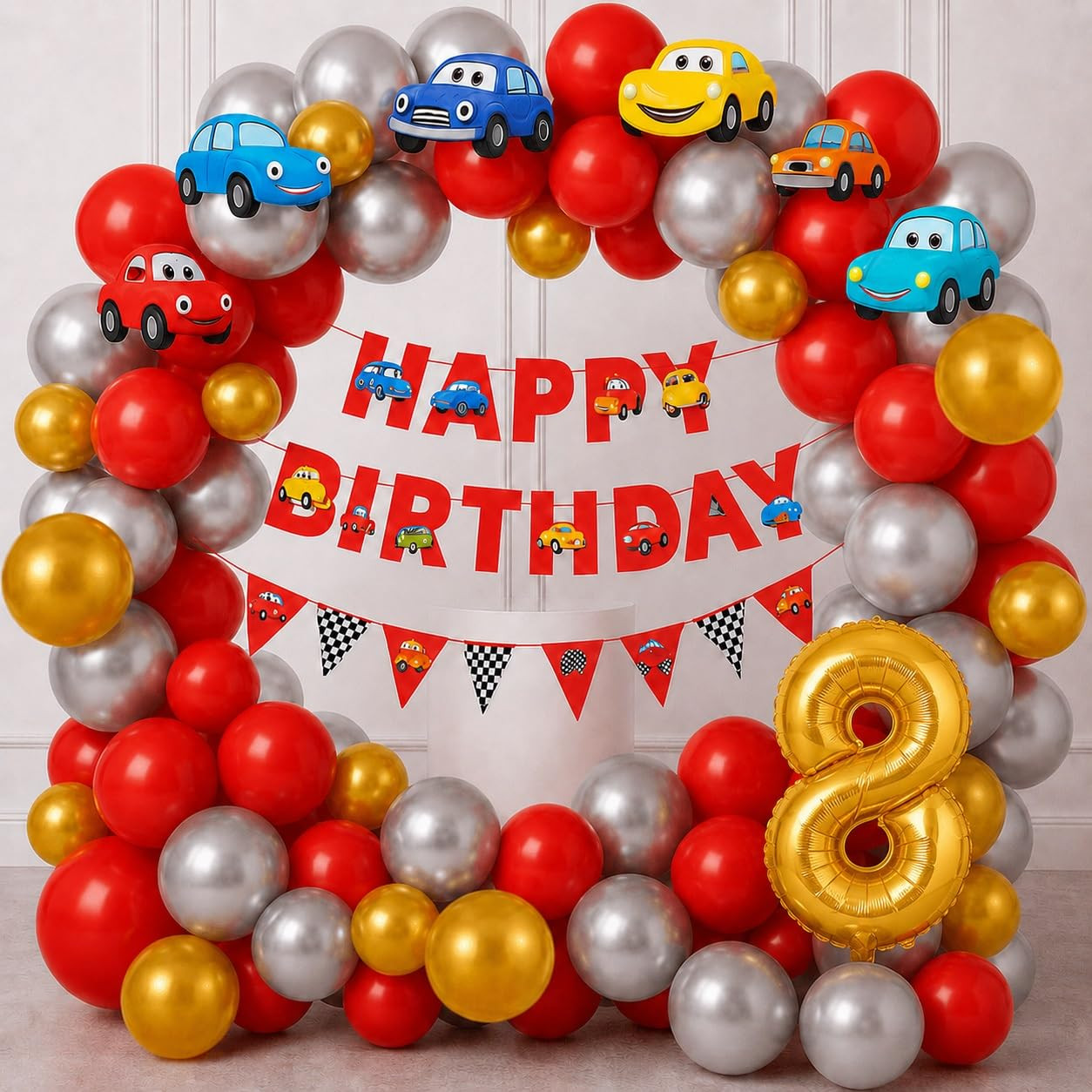 TA Car Birthday Decoration Kit for Boys (Pack of 66) Racing Car Theme Party Supplies Set with Balloons, Banner, Cutouts, Gold Digit Foil Balloon | Automobile Birthday Decor for 8 Year