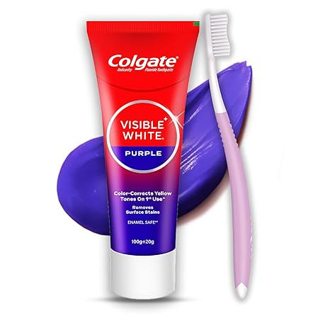 TA Colgate Visible White Purple Toothpaste and Toothbrush for Teeth Whitening, Helps Remove Surface Stains, Whitens Yellow Teeth, Enamel-Safe for Daily Use, 120g