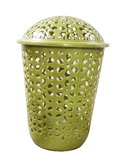 TA Plastic Laundry Basket with Dome Lid Green Cutout Design Clothes Storage Hamper for Home Bathroom Bedroom Lightweight Durable Organizer Basket