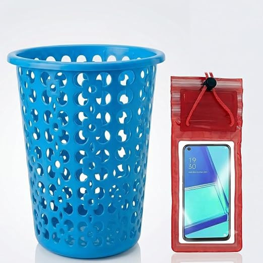 TA Plastic Laundry Basket Blue 35x42 cm 35 Litre with Free Mobile Stand | Strong & Sturdy, Easy to Clean, Lightweight Design, Floral Cut-out Pattern, For Laundry & Storage