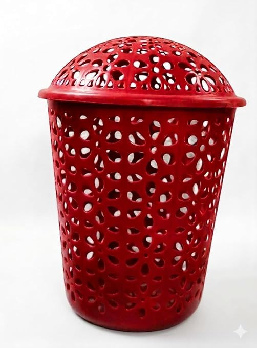 TA Red Plastic Laundry Basket with Dome Lid Ventilated Design Pack of 2 Clothes Storage Hamper for Home Bathroom Bedroom Reusable Organizer Set
