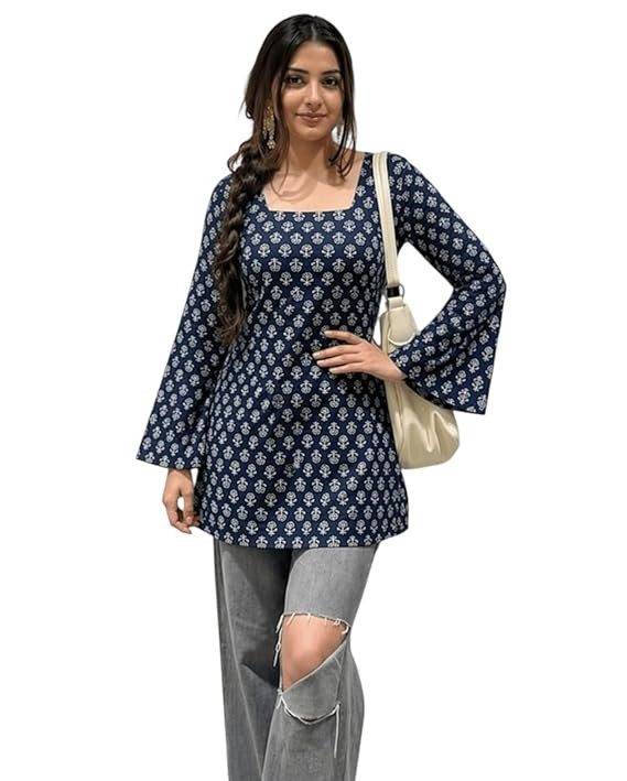 Women's Rayon Floral Print Short Kurti for Women Elegance Square Neck, Long Sleeves with Style Criss Cross Back Kurti, Top for Office Wear, Casual, Outdoor