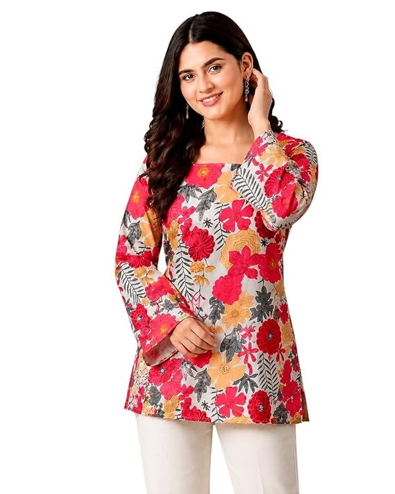 Women's Rayon Floral Print Short Kurti for Women Elegance Square Neck, Long Sleeves with Style Criss Cross Back Kurti, Top for Office Wear, Casual, Outdoor