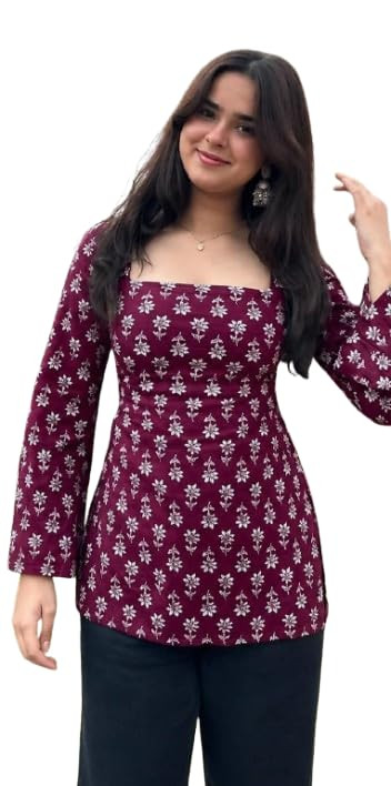 Women’s Rayon Printed Short Kurti | Straight Fit Casual Ethnic Top | Square Neck Full Sleeve Ladies Kurti Office College