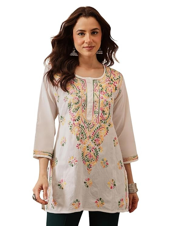 Lucknowi Hand Embroidered Chikankari Cotton Short Kurta Kurti Tunic Top for Women A225311