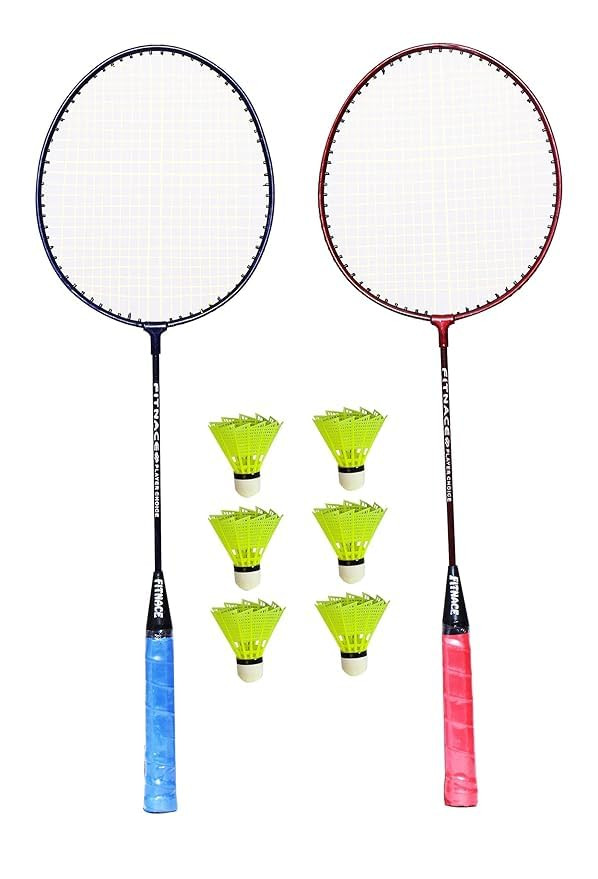 Genric Badminton Racket with Free 6 SHUTTLES, Set of 2 PC Aluminium Badminton Racquet (Red, Blue)