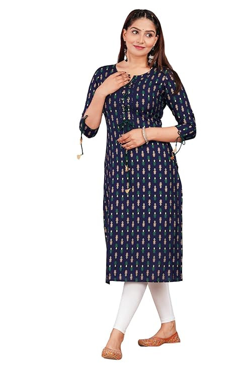 Women’s Printed Straight Kurti for Women | 3/4 Sleeve Round Neck Casual Ethnic Kurti with Tie-Up Detail Office & Festive Kurti