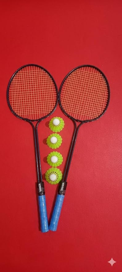 Badminton Racket Set of 2 with 4 Nylon Shuttlecocks, Blue and Black