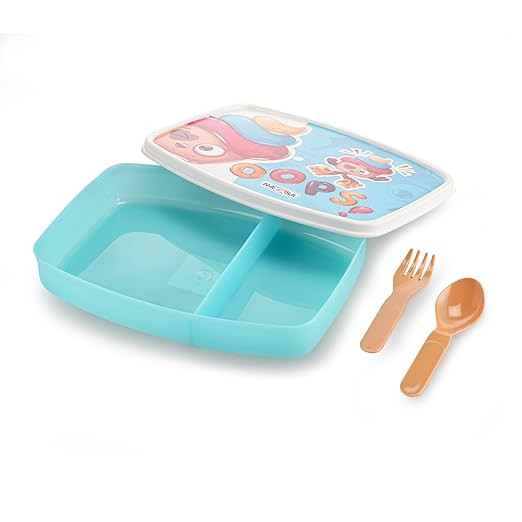 Nayasa Witty Deluxe Mini 2 Compartment Lunchbox | BPA Free and Food Grade Plastic Tiffin | Cupcake Print | 450 ML | Blue