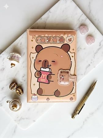 Soft-Bound Notebook with Capybara Theme, Peach Cover, Chocolate Drip Design, Checkered Interior Pages