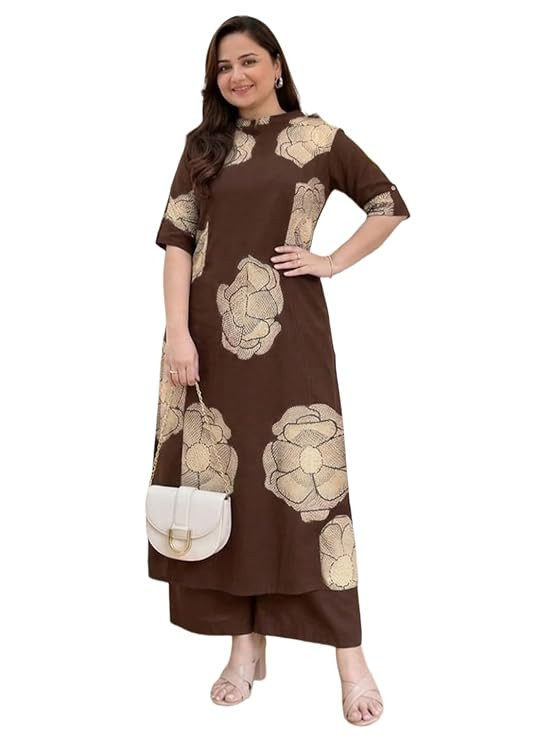 Women Viscose Blend Straight Fit Printed Kurta Palazzo Set | Mandarin Neck Outfit | Lightweight Breathable Fabric | Comfortable Elegant Styling for Office Casual Wear