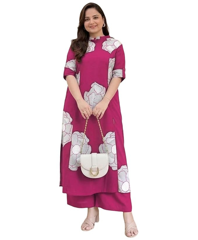 Women Viscose Blend Straight Fit Printed Kurta Palazzo Set | Mandarin Neck Outfit | Lightweight Breathable Fabric | Comfortable Elegant Styling for Office Casual Wear