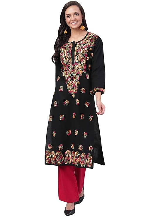 Women's Lucknowi Chikankari Hand Embroidered Straight Cotton Kurta Regular Fit Kurti Tunic