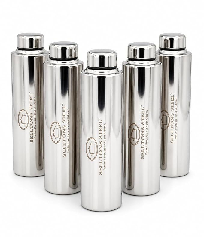 STEEL Stainless Steel Water Bottle, Silver, 1000ml, Mirror Finish, Leak Proof, BPA Free, for Gym and College Use (PACK OF 6)