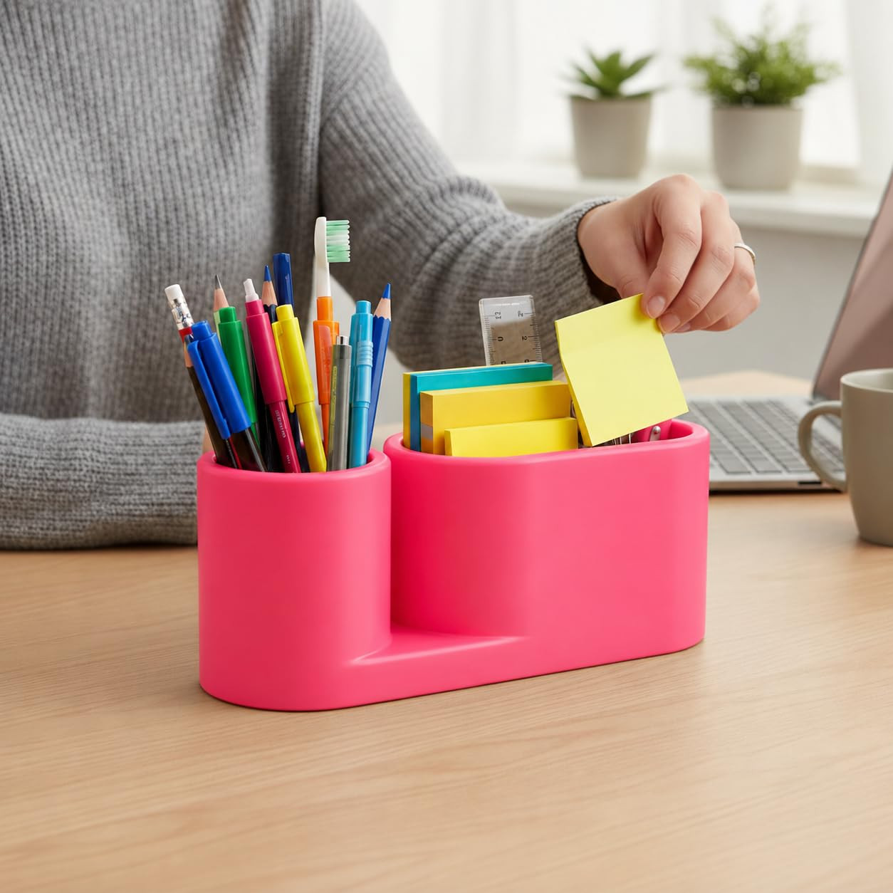 Pen Stand with Double Deck Storage, 2 Compartment Desk Organiser, Multifunctional Pencil Holder for Stationery, Office Table, Students
