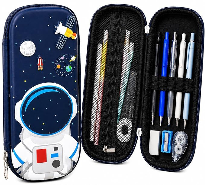 3D Astronaut Geometry Pencil Pouch for Kids Boys Girls | Hard Shell EVA Pencil Case | Large Capacity Double Layer Geometry Box with Pen Slots & Mesh Pocket | Waterproof School Organizer