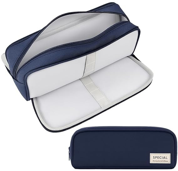 Large Capacity Aesthetic Pencil Pouch with Multiple Compartments | Waterproof Zipper Pen Case for Students, Office & Artists | Stationery Organizer Bag (Navy Blue)