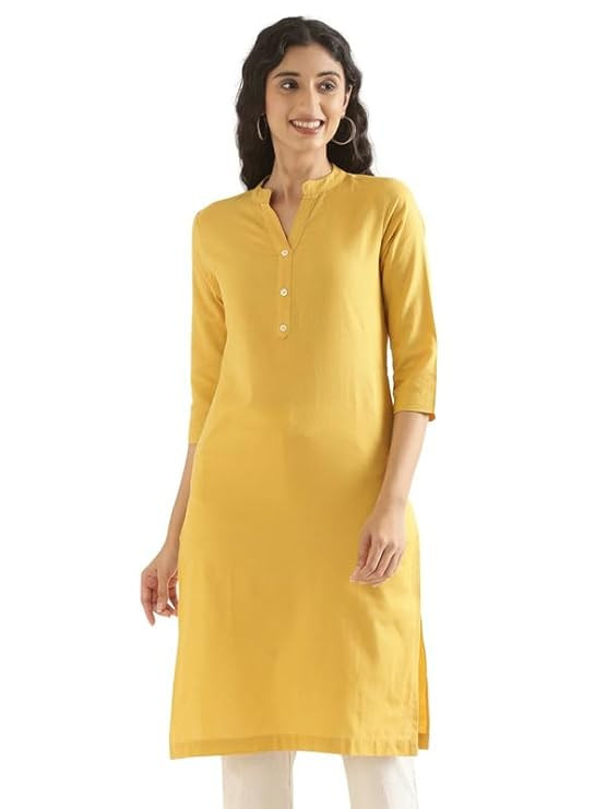 Women's Linen Straight Fit Straight Long Kurta Airy Plain Kurta, 3/4 Sleeve, Knee Length Kurtis with Pockets, Casual and Office Wear