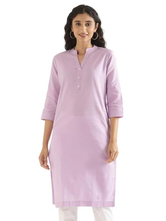 Women's Linen Straight Fit Straight Long Kurta Airy Plain Kurta, 3/4 Sleeve, Knee Length Kurtis with Pockets, Casual and Office Wear