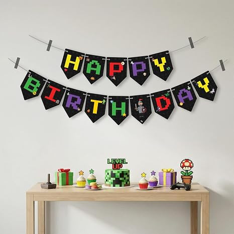 Game Theme Happy Birthday Banner - 1pcs, Happy Birthday Decoration Kit for Kids, Bday Decor Items, Game Theme Birthday Decoration Items for Boys & Girls (Cardstock)