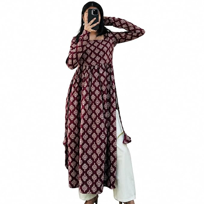 Cotton Nayra Cut Kurti for Women | Full Sleeves Printed Long Kurta | Stylish Flared Ethnic Wear Kurti, Casual & Festive Occasion
