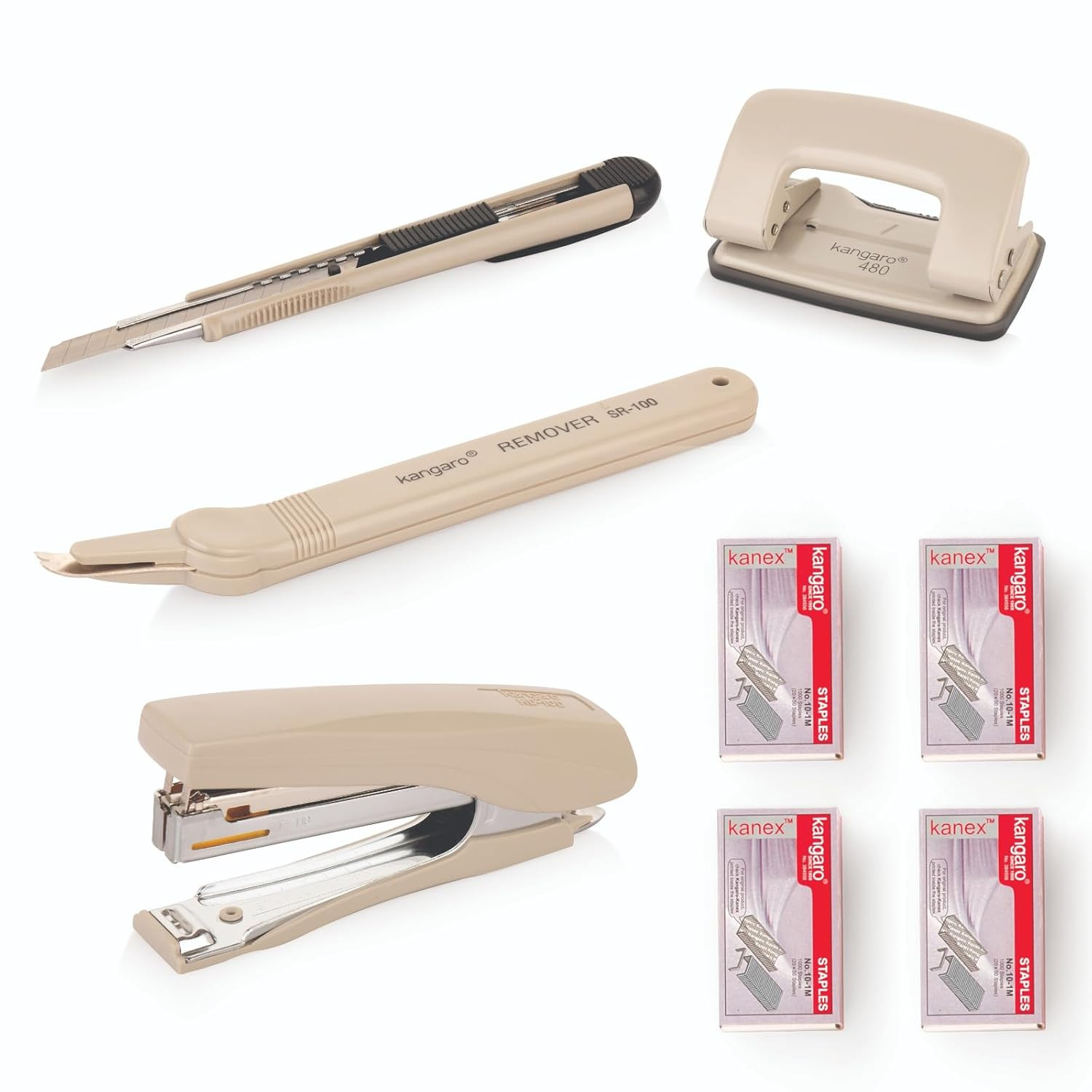 Office Stationery Set, HD-10D Stapler, 480 Punch, SR-100 Remover, MP-9 Cutter, 4 Boxes Staples Pin, (8 Pcs). Grey