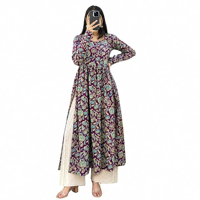 Cotton Nayra Cut Kurti for Women | Full Sleeves Printed Long Kurta | Stylish Flared Ethnic Wear Kurti, Casual & Festive Occasion
