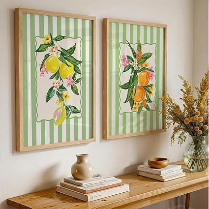 Suneree Botanical Fruit Wall Art Set of 2 Framed Paintings | Lemon Orange Illustration Green Striped Poster | Kitchen Dining Room Home Décor (Art 1, 10x13 Inches)