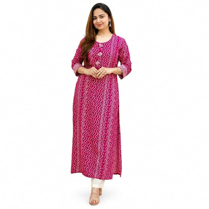 Women's Rayon Straight Long Kurti Printed and Solid Ethnic Wear Calf Length Casual Kurta for Office, Festive, Travel and Regular Use