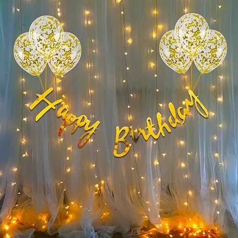 Happy Birthday Decoration Kit for Boys - 10 Pcs Happy Birthday Banner (Cardstock), Gold Confetti Balloons with Warm Fairy Light, Birthday Decoration Kit for Husband, Birthday Decor