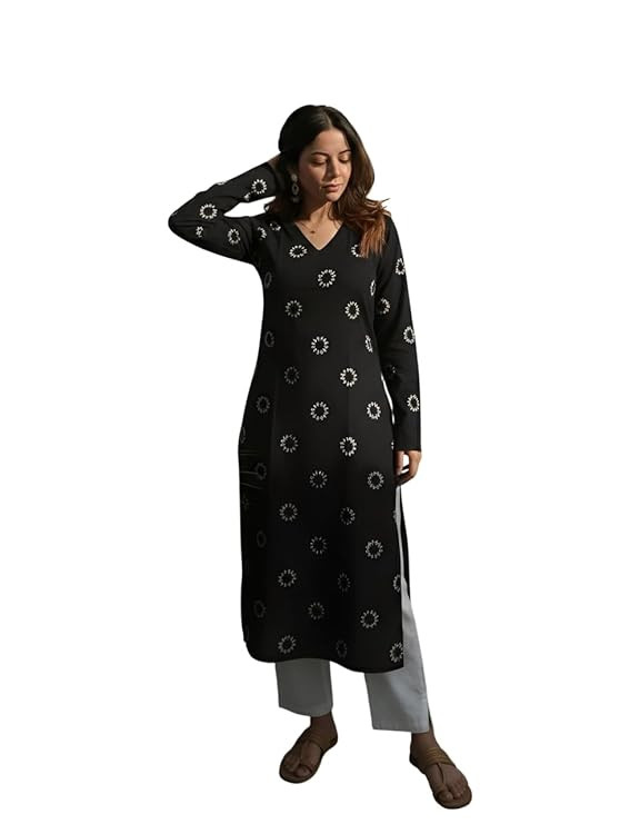 Women's Rayon Printed Long Kurti, Black, Full Sleeve, Ankle Length