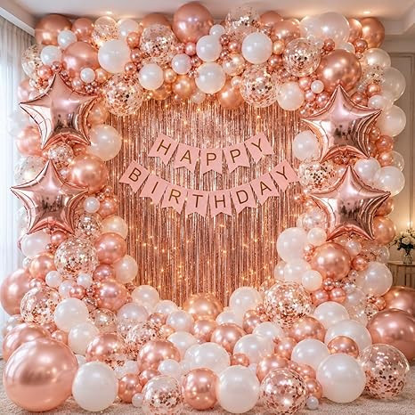 Rose Gold Birthday Decoration Kit - 95 Piece XL Luxe Party Kit - Include 3 Tinsel Curtains, Large Balloon Arch Garland Kit, Star Foil Balloons & Happy Birthday Banner - Rose Gold Party Supplies